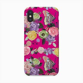 Colorful Spring Summer Time Roses, Peony And Butterflies Pattern White Background Phone Case