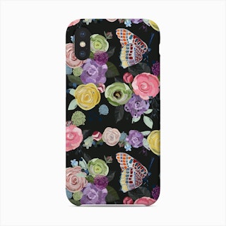 Colorful Spring Summer Time Roses, Peony And Butterflies Black Pattern Phone Case