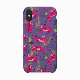 Vibrant Pink Tiger Pattern On Purple With Colorful Florals Phone Case