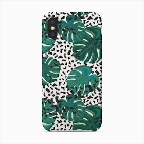 Colorful Leopard Pattern With Hand Drawn Monstera Leaves Phone Case