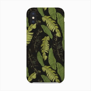 Hand Drawn Beautiful Tropical Leaves Pattern Black Background Phone Case
