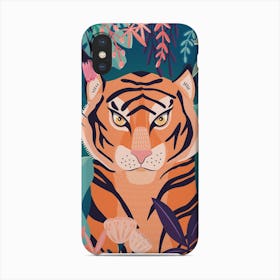 Tiger Portrait With Florals On Green Phone Case