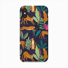 Tropical Cheetah Pattern On Deep Purple With Colorful Florals And Decoration Phone Case