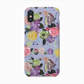 Colorful Spring Summer Time Roses, Peony And Butterflies Lilac Pattern Phone Case