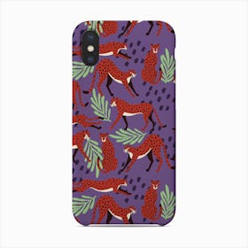 Tropical Cheetah Pattern On Purple With Florals And Decoration Phone Case