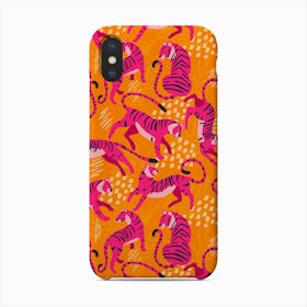 Vibrant Pink Tigers On Bright Orange Pattern Phone Case