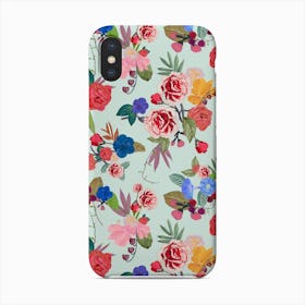Beautiful Roses, Carnation, Bud, Berries And Mix Flowers Vintage Pattern Blue Phone Case