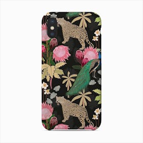 Tiger And Peacock With Tropical Flowers Pattern Black Phone Case
