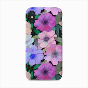 Hand Drawn Anemone Floral Beautiful Pattern Black Background Phone Case
