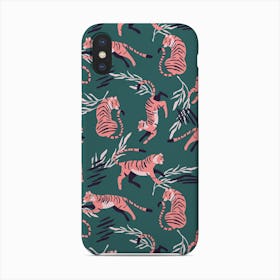 Pink Tiger Pattern On Green With Decoration Phone Case