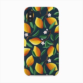 Sunny Lemon Pattern With Florals On Blue Phone Case