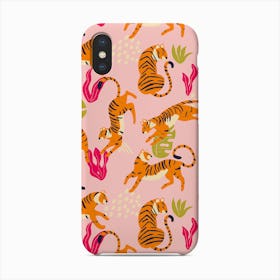 Tiger Pattern On Pink With Tropical Leaves Phone Case