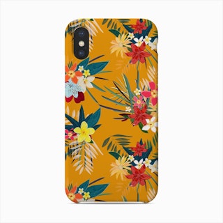 Frangipani, Lily Palm Leaves Tropical Vibrant Colored Trendy Summer Pattern Yellow Background Phone Case