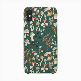 Mushrooms And Florals Pattern On Green Phone Case