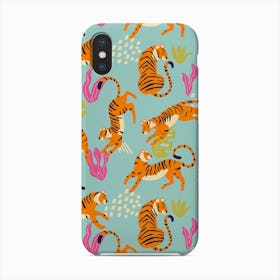 Tiger Pattern On Blue With Tropical Leaves Phone Case
