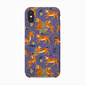 Tiger Pattern On Purple With Green Tropical Leaves Phone Case