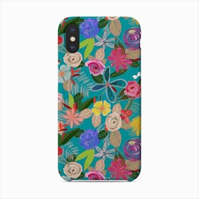 Vivid Colorful Botanical Flowers Pattern With Turquoise Background Phone Case