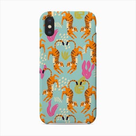 Prancing Tiger Pattern On Blue With Tropical Leaves Phone Case