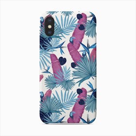 Nostalgic Vacations Hand Drawn Pink Blue Colored Palm, Toucan And Tropical Leaves Pattern Phone Case