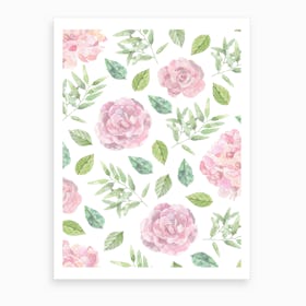 Pink Rose & Green Leafs Floral Patterm Art Print