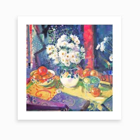 Flowers And Fruit In A Green Bowl Art Print