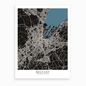 Belfast Black Blue Map Art Print