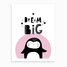 Scandi Dream Big Pink Black Penguin Art Print