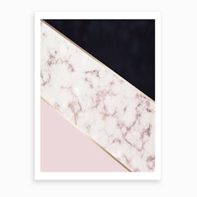 Mixed Baby Pink Gold Marble And Dark Blue Abstract With Gold Trim Art Print