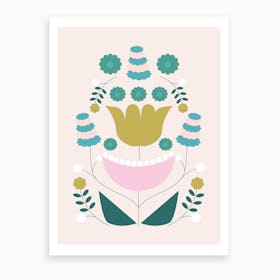 Mustard Pink And Green Retro Flower Composition Art Print