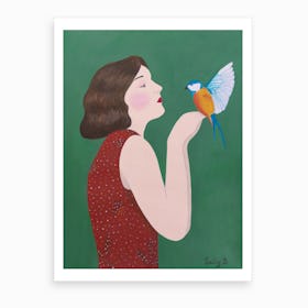 Woman And Bird Art Print