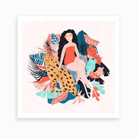 Black Hair Tropical Girl With Cheetah Art Print