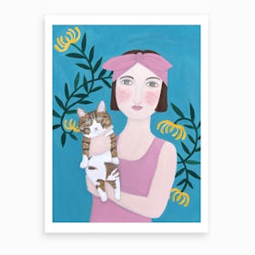 Woman In Pink Dress With Cat Art Print