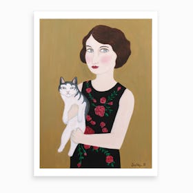 Woman In Rose Dress With Cat Art Print
