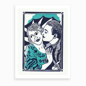 Courting Couple Turquoise Art Print