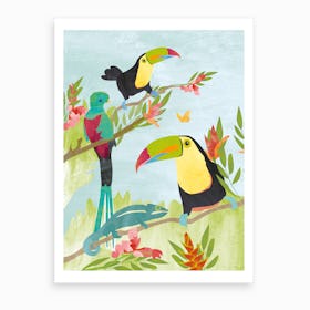 Tucans And Quetzal In Jungle Art Print