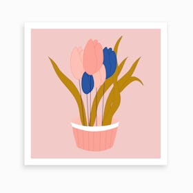Pink And Blue Tulips In A Pot 2 Art Print