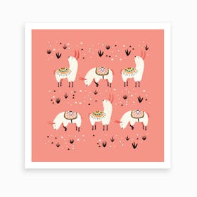 White Llamas In Pink Desert Art Print