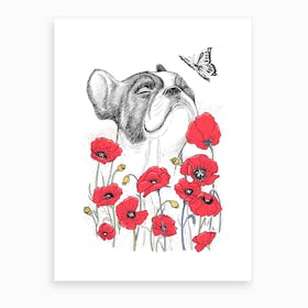 Pug With Poppies Art Print