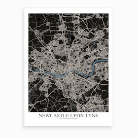 Newcastle Upon Tyne Black Blue Map Art Print