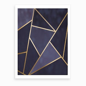 Dark And Lighter Blue Abstract Shapes With Gold Trim Art Print