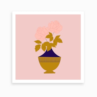 Pink Roses In A Golden Vase 2 Art Print