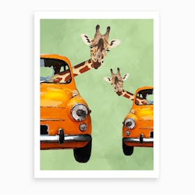 Giraffes In Yellow Cars Art Print