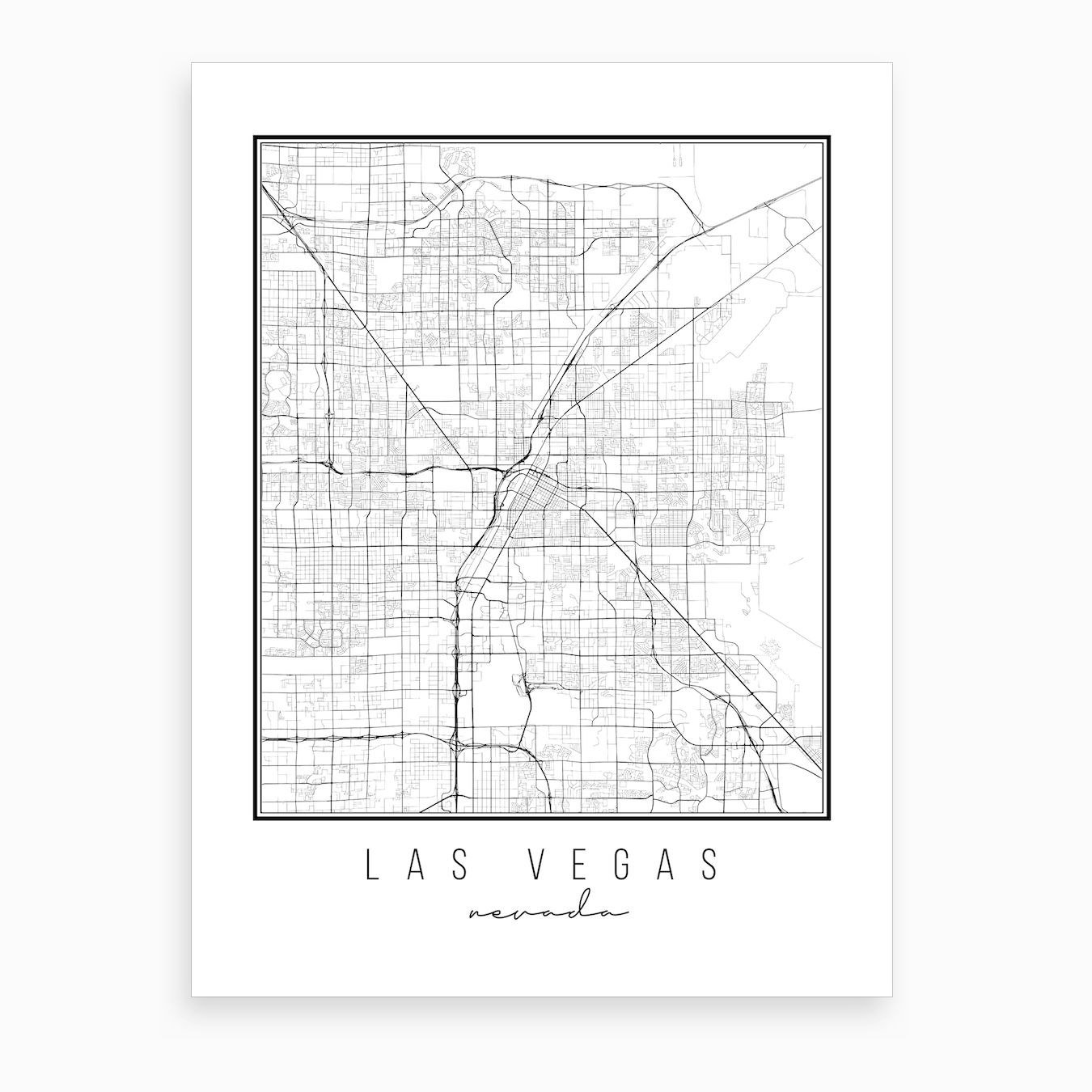 Las Vegas Map Black and White Throw Pillow by Modern Map Art
