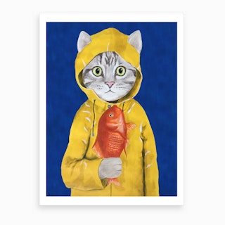 Cat With Fish Art Print