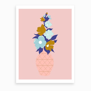 Blue And Gold Flowers In A Pink Vase Art Print