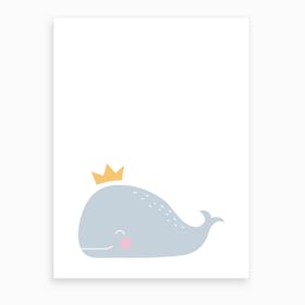Scandi Blue Whale With Gold Crown Art Print
