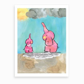 Watercolour Pink Elephants Art Print