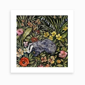 Floral Meadow Badger Art Print