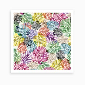 Tropical Monstera Leaves Multicolored Square Art Print