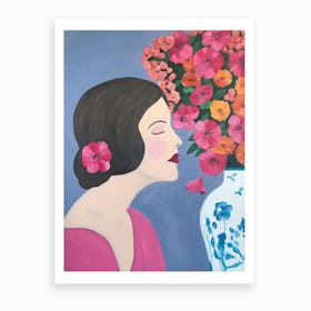 Woman With Chinoiserie Vase And Flowers Art Print